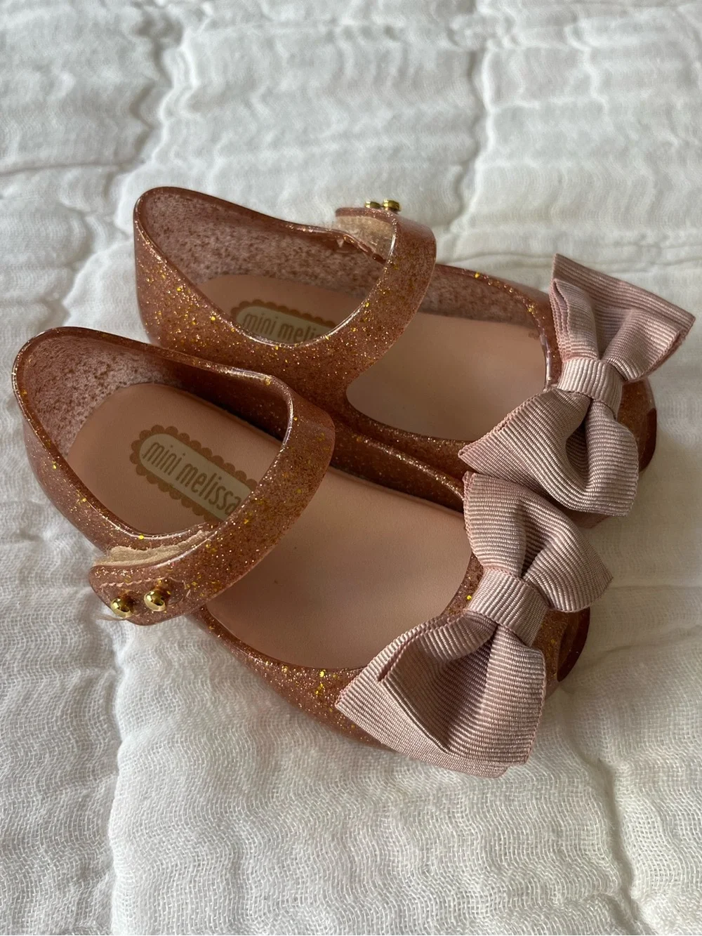Mini Melissa Glitter Rose Gold Mary Janes with Bow, Size 5 🎀 Worn a Few Times)